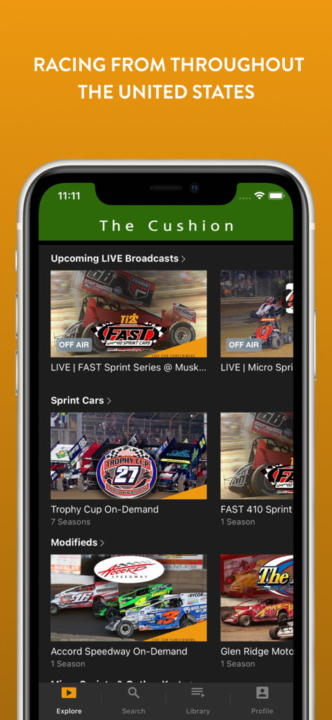 The Cushion - The Cushion app interface showing live and on-demand dirt track racing broadcasts including sprint cars and modifieds