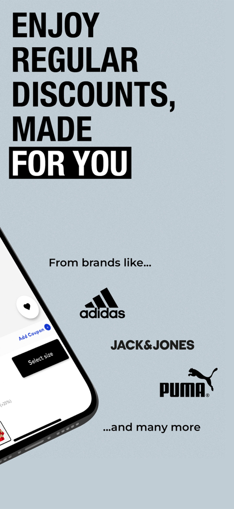 ABOUT YOU Online Fashion Shop - L'écran de l'application À propos de vous affiche un texte promotionnel pour des réductions personnalisées et des logos de marques telles qu'Adidas, Jack and Jones et Puma.