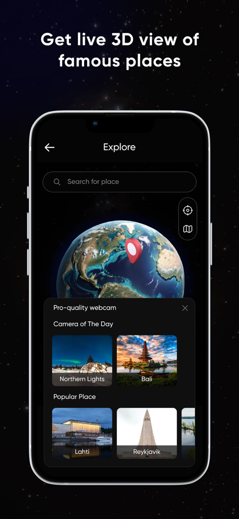 Earth Map 3D - Street View Map - Interface of the Earth Map 3D app on a smartphone displaying a 3D globe and popular world destinations like Bali and Reykjavik.