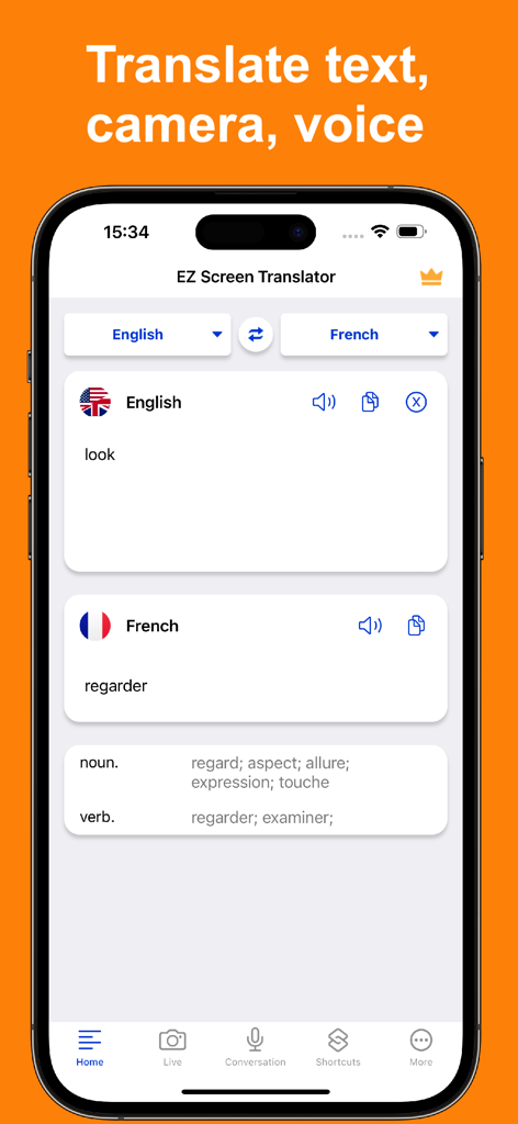 EZ Screen Translator - Interface do EZ Screen Translator mostrando a tradução de inglês para francês da palavra 'look' com definições de substantivo e verbo.