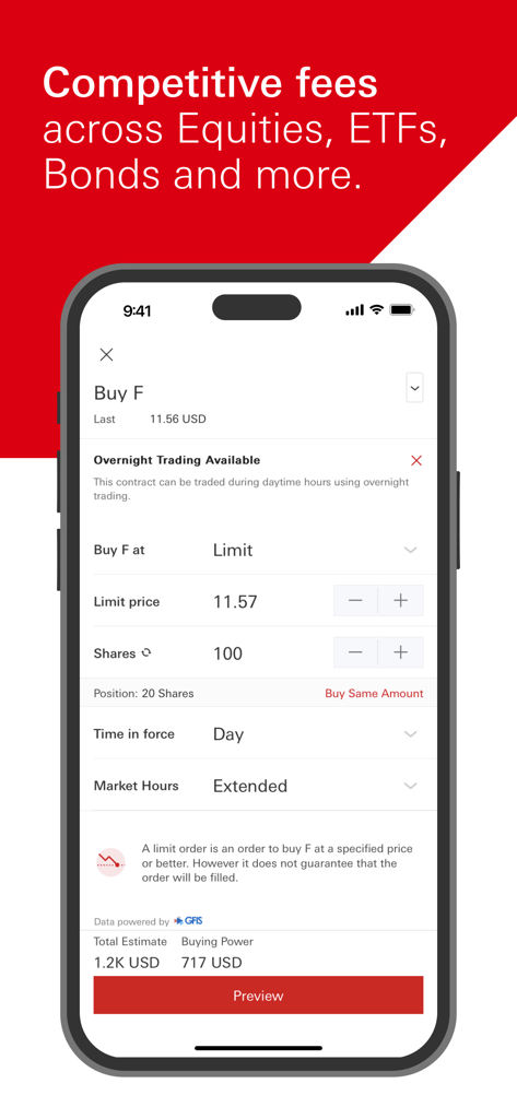 HSBC WorldTrader - HSBC WorldTrader mobile app screen showing a limit buy order for stocks with overnight trading options.