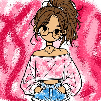 girl with a messy ponytail glasses a baggy crop top and jean shorts