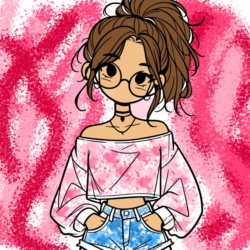 girl with a messy ponytail glasses a baggy crop top and jean shorts