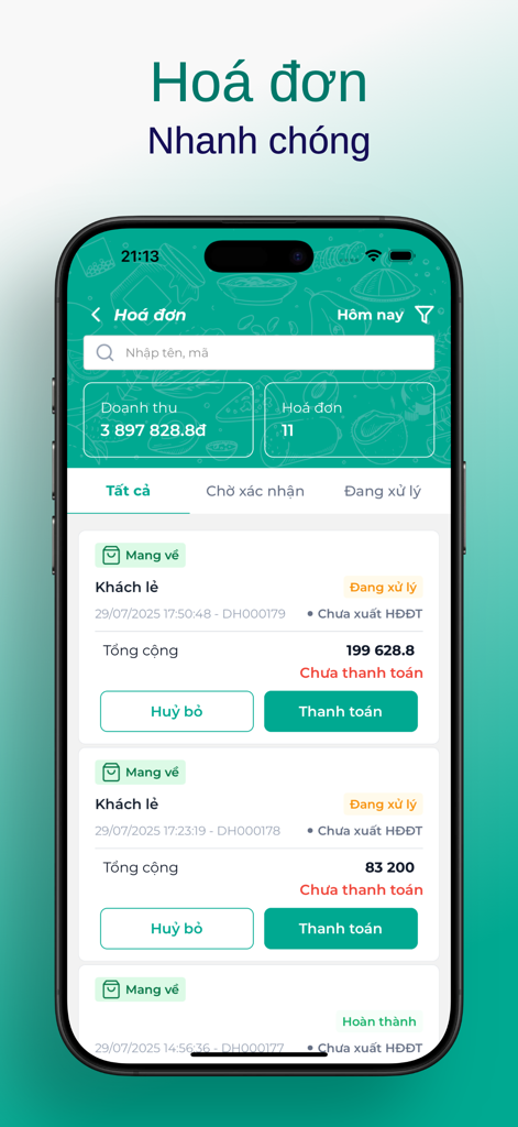 ShopNet - ShopNet mobile app screen showing a list of sales invoices and order statuses in Vietnamese