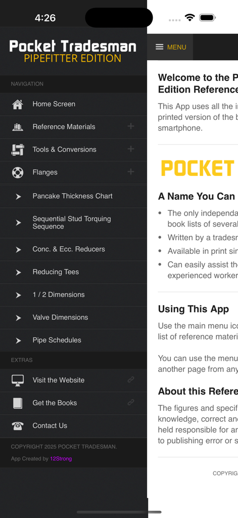PocketTradesman Pipefitter - Side navigation menu of the PocketTradesman Pipefitter app showing reference materials and technical tools for tradesmen