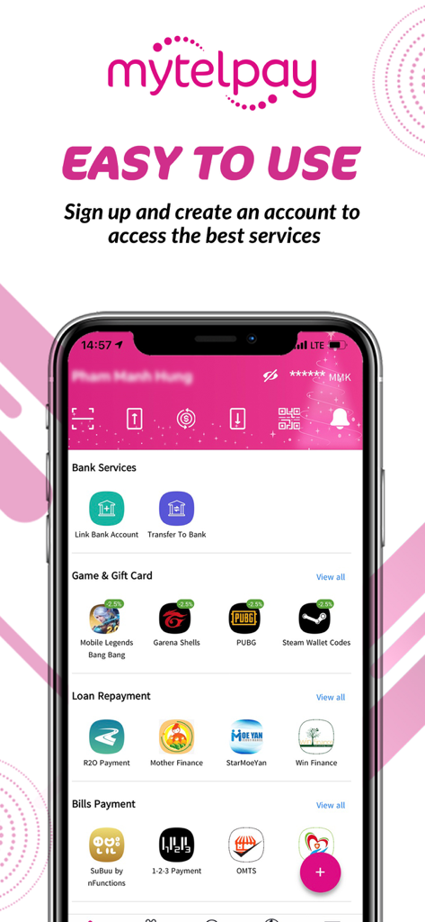 MytelPay - MytelPay app dashboard displaying categories for bank services game gift cards loan repayments and bills payment