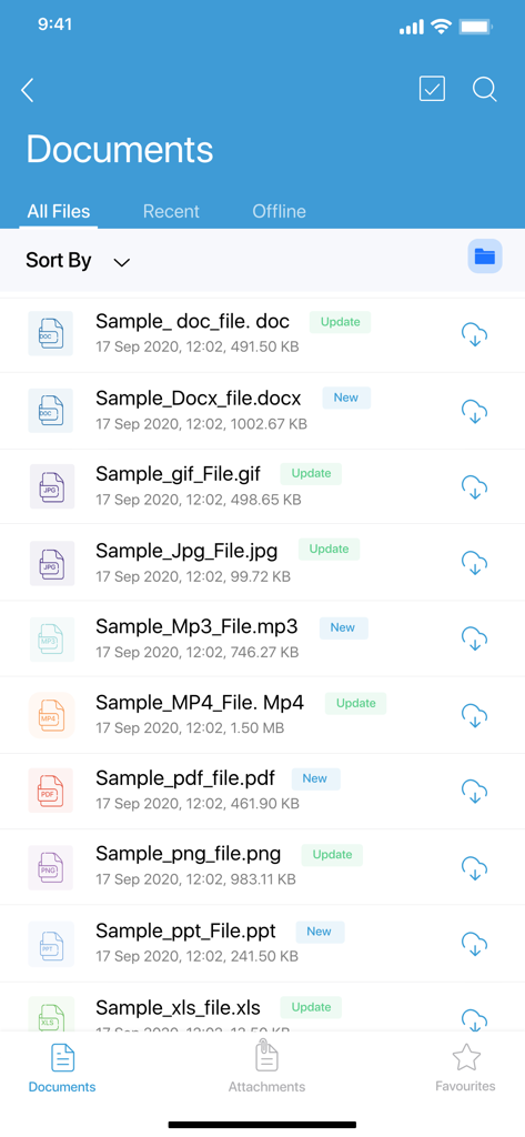 Interface of ManageEngine MDM app showing the Documents section with a list of secure enterprise files and various file formats