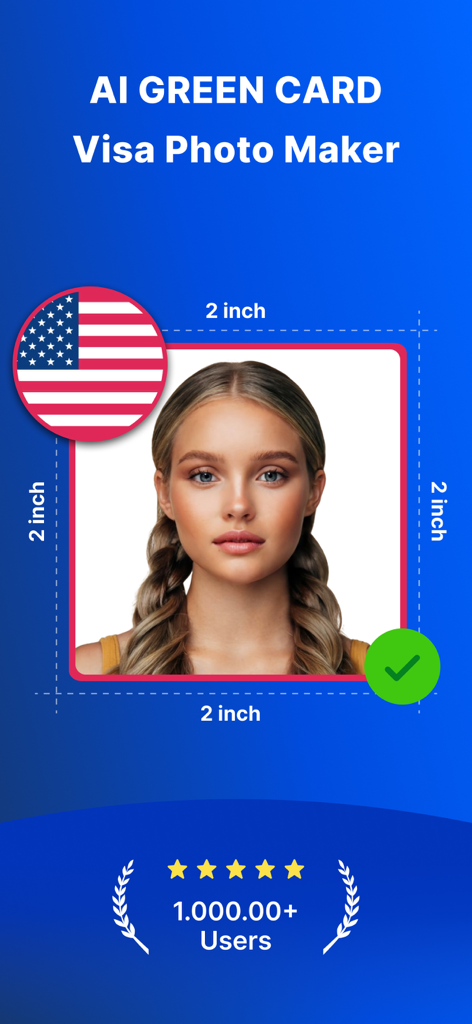 Green Card Visa AI Photo Maker - Una foto de visa de 2x2 pulgadas compatible para solicitud de Green Card generada por una aplicación creadora de fotos IA.