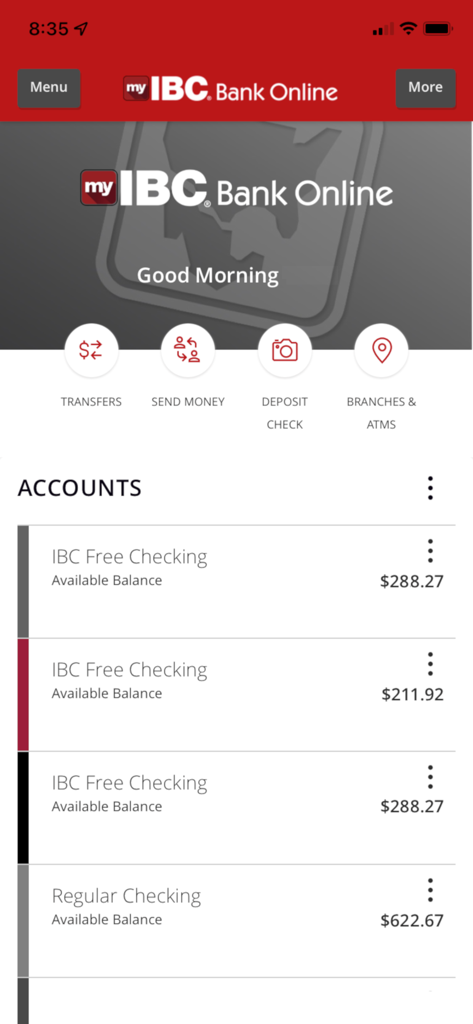 IBC Bank - IBC Bank mobile app home screen showing account balances for checking accounts and quick access icons for transfers, deposits, and branch locations.