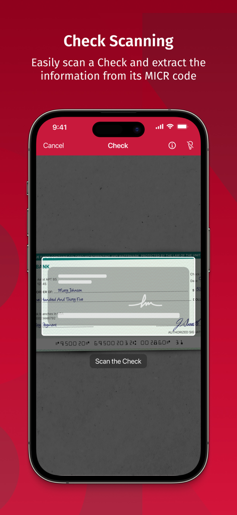 Smartphone screen showing the Scanbot SDK app scanning a bank check to extract MICR code information