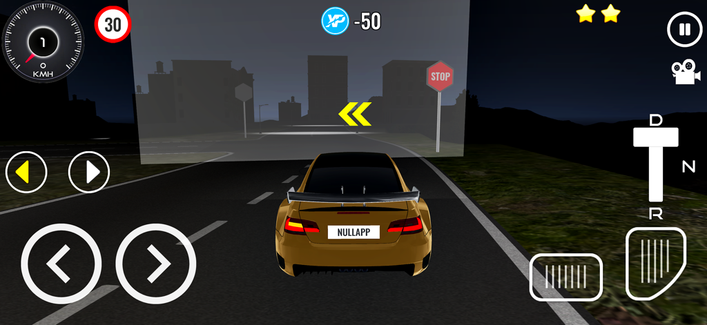 Driving School 3D - Fahrschule 3D-Gameplay bei Nacht, das ein gelbes Auto mit Fahrsteuerungen und Verkehrsschildern auf dem Bildschirm zeigt.