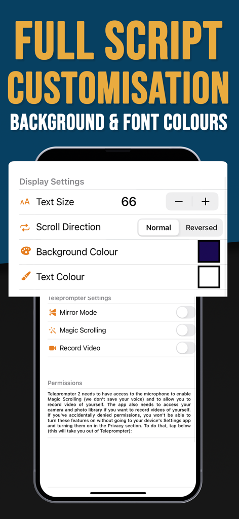 Capture d'écran de l'application Teleprompter montrant les paramètres de personnalisation du script pour la taille du texte, la direction du défilement et les couleurs de police.