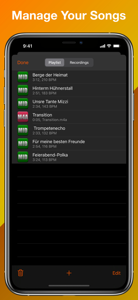 Pantalla de gestión de canciones que muestra una lista de reproducción de archivos MIDI y de audio