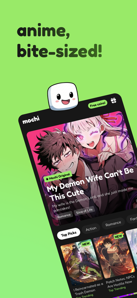 Mochi app home screen featuring bite-sized vertical anime shorts.
