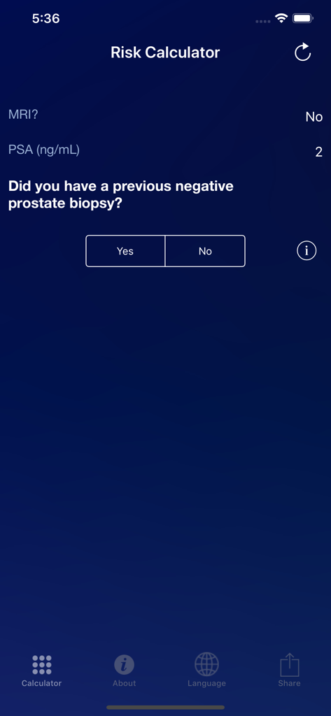 Cancer Risk - Interface of the Rotterdam Prostate Cancer Risk Calculator app showing input fields for PSA levels and medical history