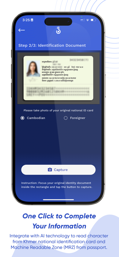 CamDigiKey - CamDigiKey mobile app screen showing the interface for capturing a Cambodian national ID card using AI OCR technology