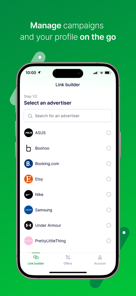Awin - Awin mobile app interface showing the Link builder screen with a list of major advertisers like Nike, Etsy, and Samsung