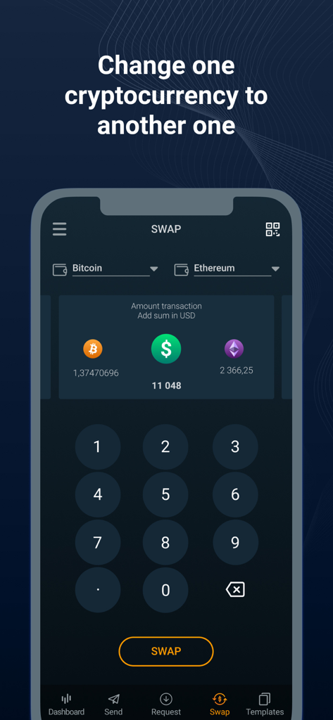 Online Wallet - モバイルアプリ画面。ビットコインをイーサリアムと交換するための仮想通貨スワップ機能が表示され、数字キーパッドとスワップボタンがあります。