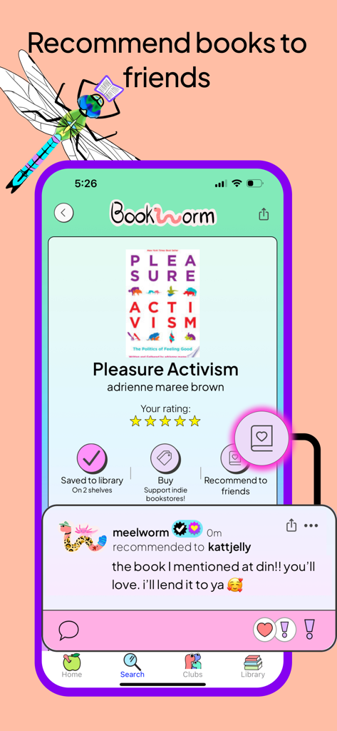 Bookworm Reads - Bookworm Reads app interface showing the book recommendation feature with a custom message