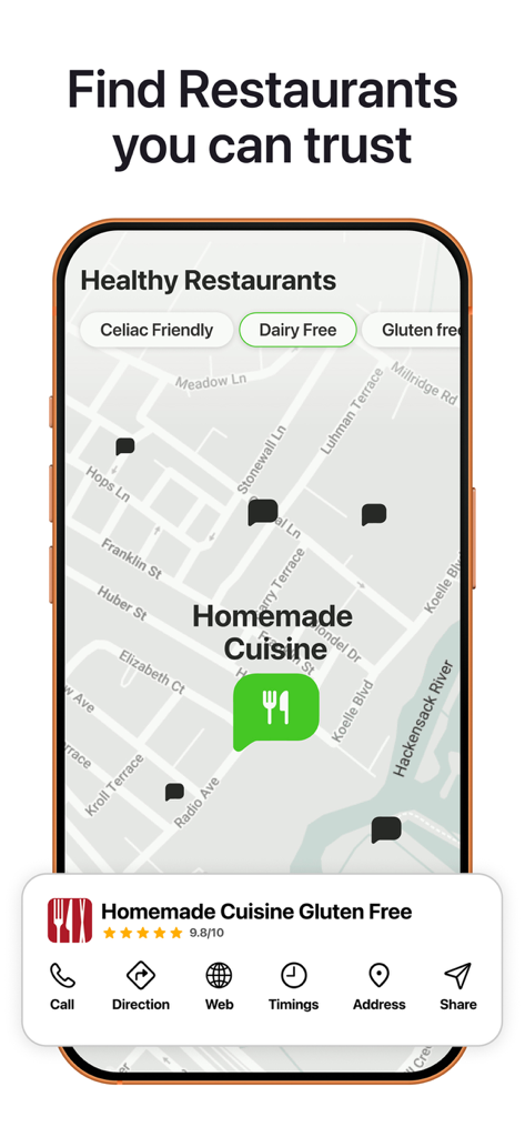 A mobile interface from Leafy app showing a map of healthy restaurants with filters for gluten free and dairy free options.