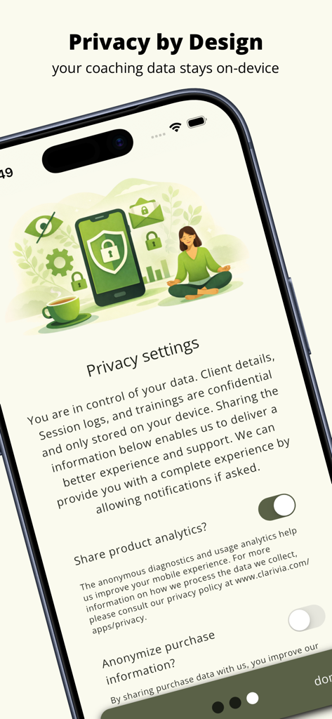 Screenshot of the Coaching Log app showing the Privacy by Design screen with settings for local data storage and anonymous analytics.
