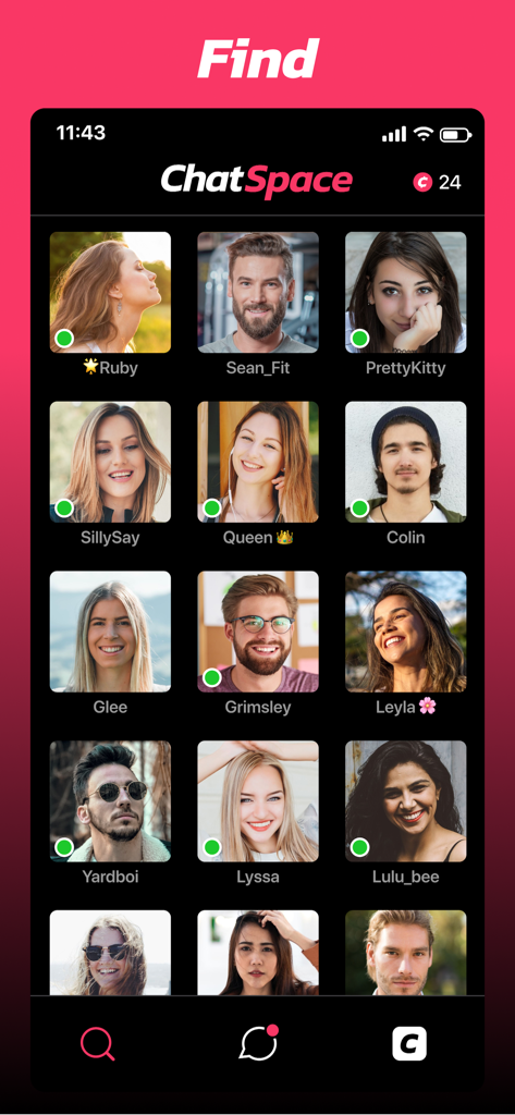 Grid of user profiles on the ChatSpace app showing people available to chat.