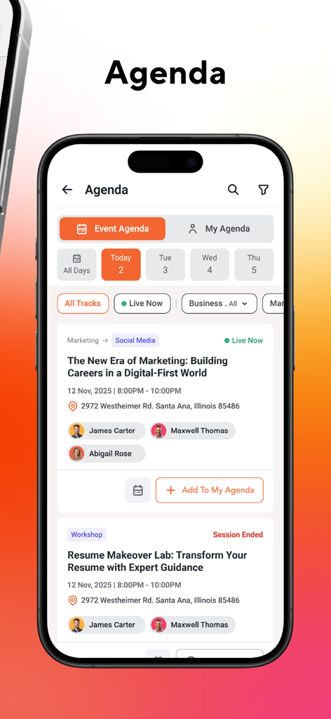 Mobile phone screen displaying the vFairs event agenda with marketing and workshop sessions.