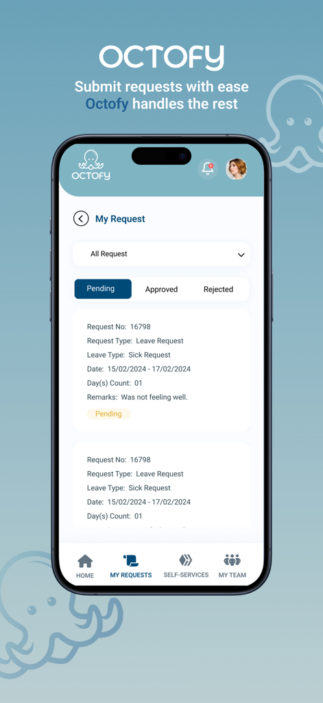 Octofy - Painel do aplicativo móvel Octofy exibindo uma solicitação pendente de licença médica.