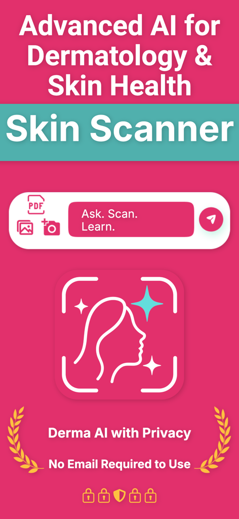Derma AI: AI for Dermatology - Interface of Derma AI app featuring a skin scanner tool and privacy highlights like no email required