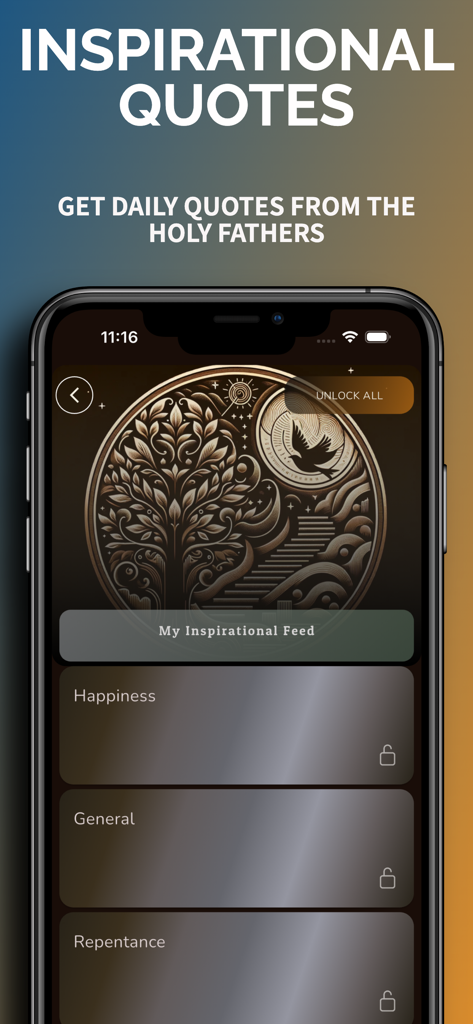 Orthodox Bible app interface showing inspirational quotes from the Holy Fathers and category selections