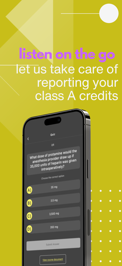 Core Anesthesia app interface showing a clinical quiz question for anesthesia board review and earning class A credits.