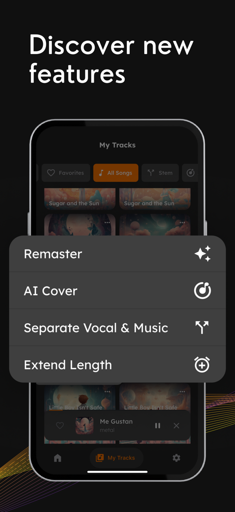 Soundify - AI Song Maker - Soundify app screen displaying advanced AI features including Remaster, AI Cover, Separate Vocal and Music, and Extend Length.
