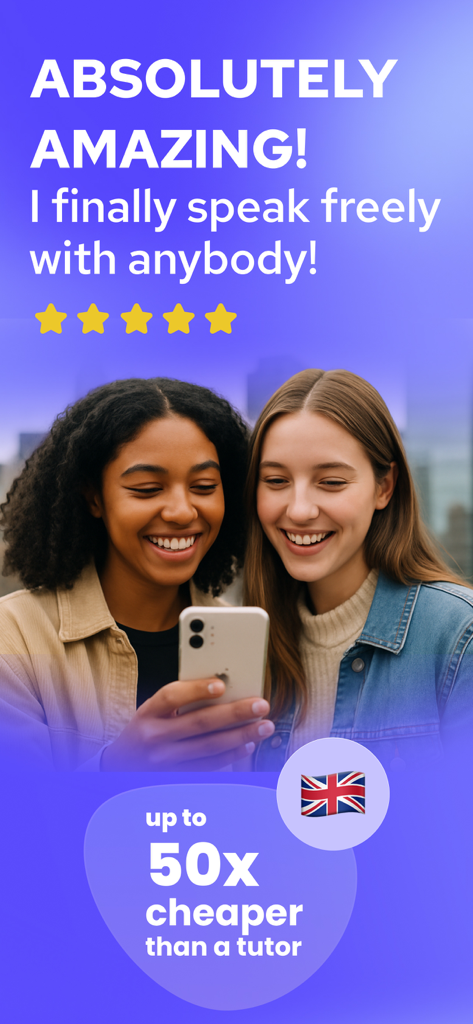 Speals AI - Language Learning - Zwei lächelnde Frauen, die die Speals AI App für Englisch-Sprechübungen mit 5-Sterne-Bewertung nutzen