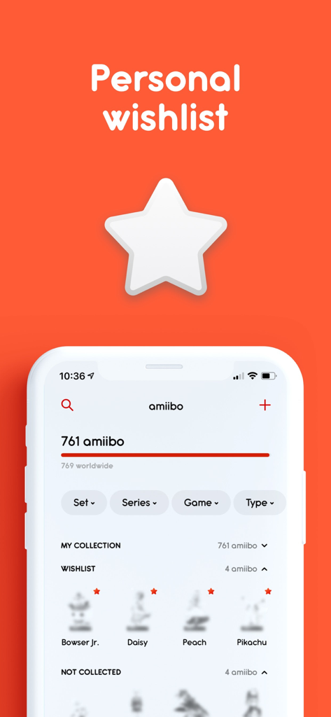 Ally – Collect and Backup - Ally app interface showing an amiibo wishlist and collection tracker with characters like Peach and Bowser Jr