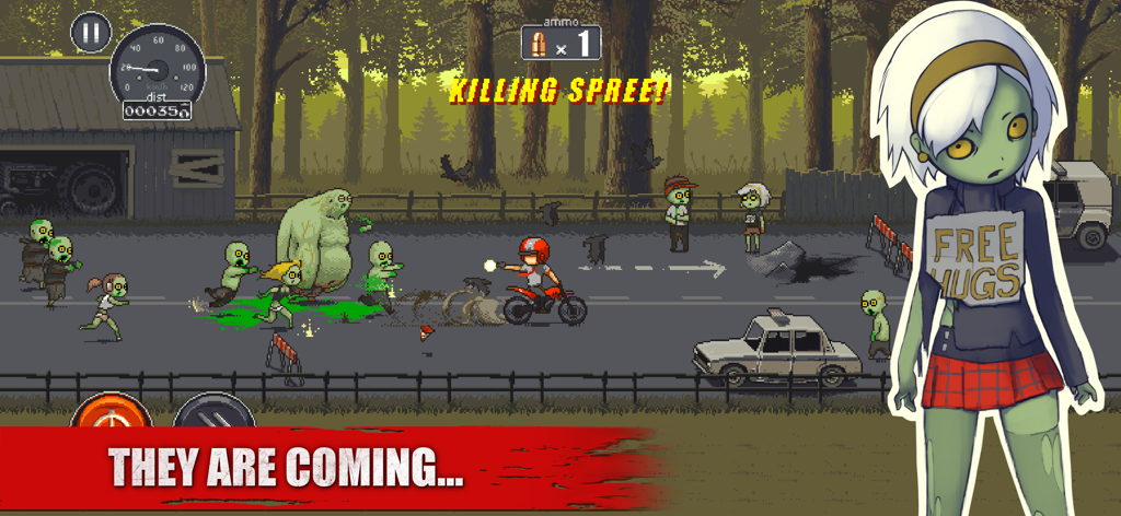 Dead Ahead: Zombie bike racing - A motorcycle rider shooting at a zombie horde in a retro pixel art forest