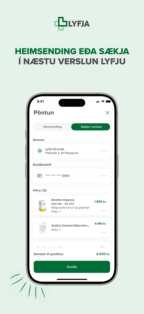 Lyfja hf. - Pantalla de pago de la aplicación Lyfja que muestra el resumen del pedido con artículos de farmacia y opciones de recogida