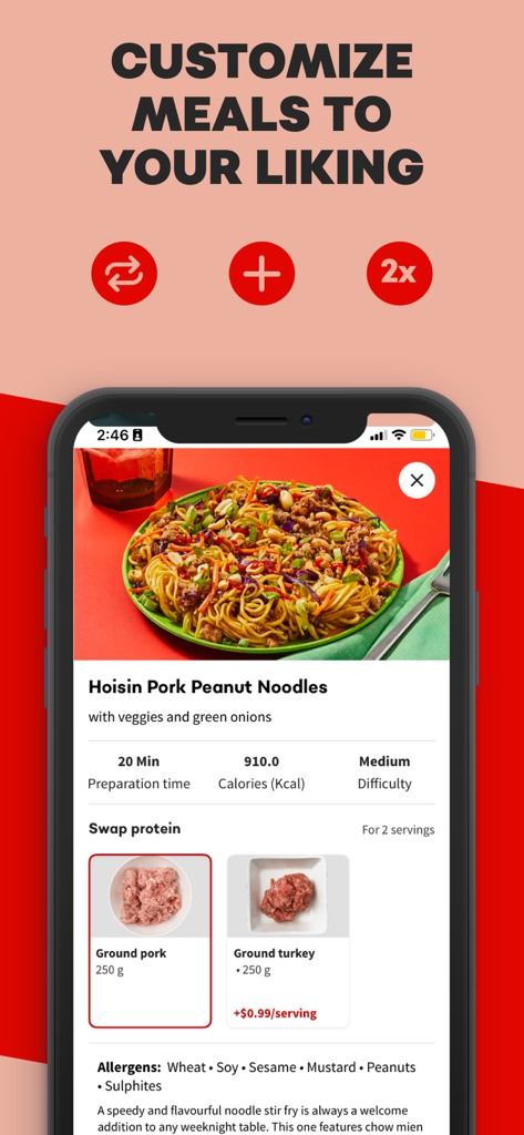 Chefs Plate: Easy Meal Planner - Smartphone screen showing the Chefs Plate app where users can customize a noodle recipe by swapping proteins like ground pork or ground turkey