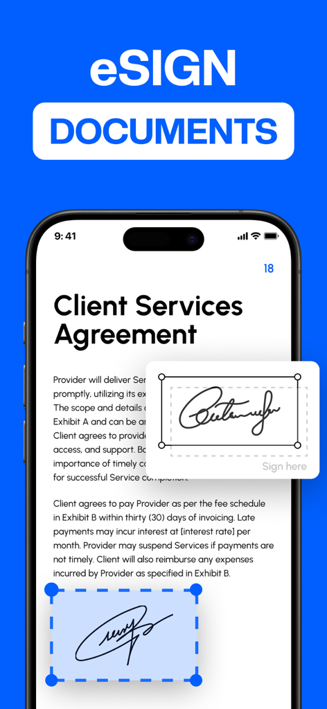 An iPhone screen displaying a digital signature being applied to a client services agreement document