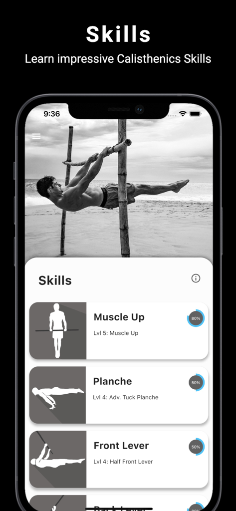 Thenics app screen showing calisthenics skills like Muscle Up and Planche with progress trackers
