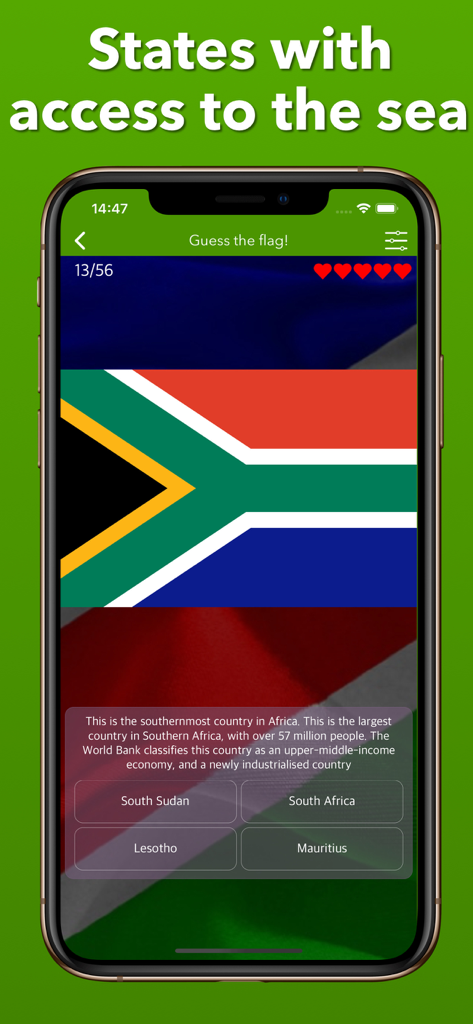 Africa: Flags & Geography Maps - Quiz interface showing the South African flag and geography facts