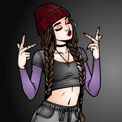 realistic teenage girl with braids and a beanie and crop top doing 🫶🏼