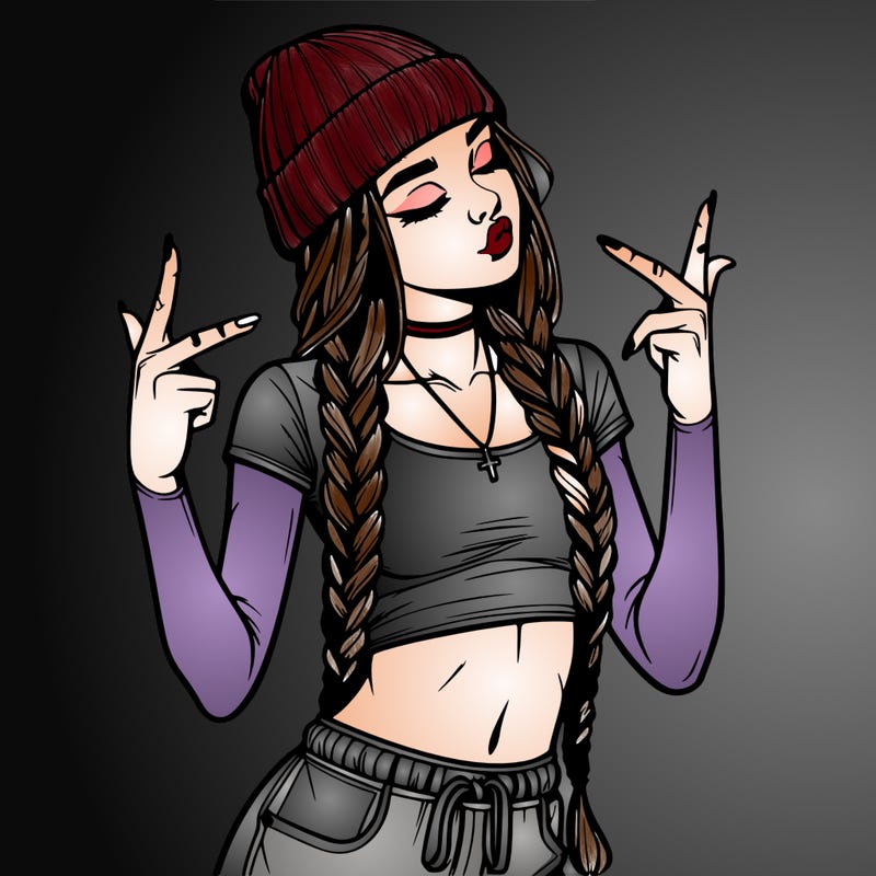 realistic teenage girl with braids and a beanie and crop top doing 🫶🏼