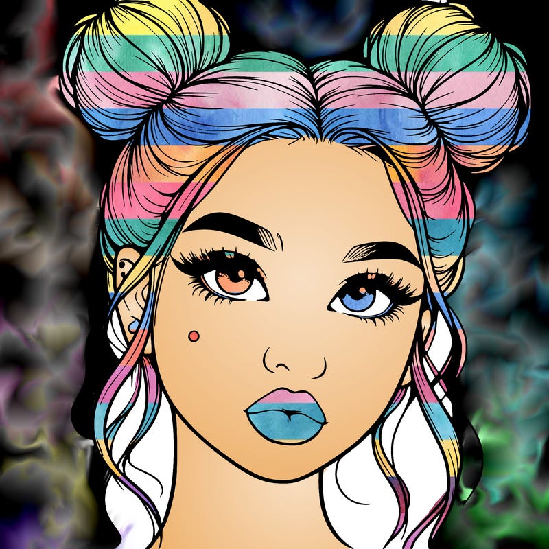 realistic girl with two buns on her hair and lips