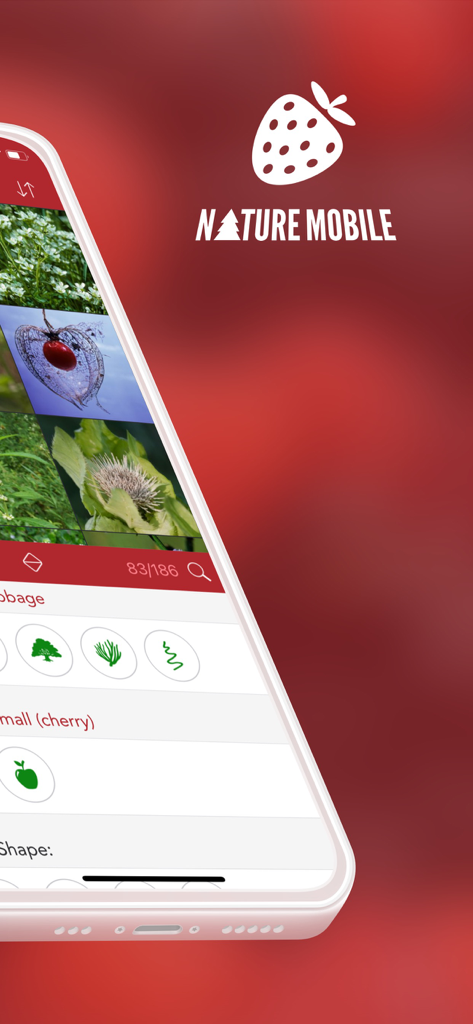 Wild Berries and Herbs 2 PRO - Pantalla de teléfono inteligente mostrando la interfaz de la aplicación Wild Berries and Herbs 2 PRO con filtros de identificación de plantas y el logo de Nature Mobile
