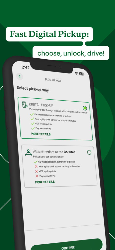 Interface de l'application Localiza montrant l'option de ramassage numérique rapide pour éviter le comptoir de location