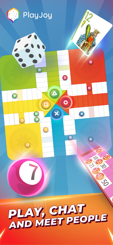 Interfaz de la aplicación PlayJoy con tablero de Ludo, bola de bingo y funciones de juego social