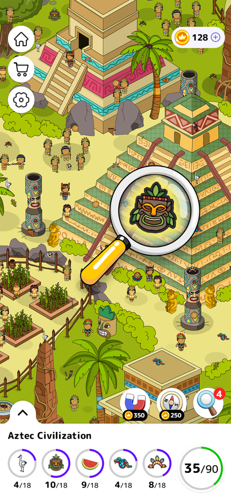 Jeu d'objets cachés Seek and Find, niveau aztèque avec une loupe
