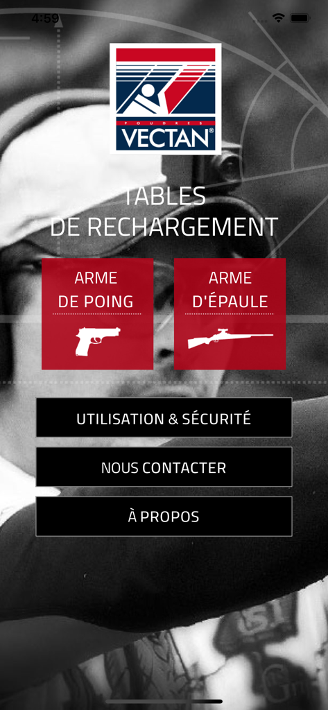 Vectan - Écran d'accueil de l'application Vectan avec des tables de rechargement pour pistolets et fusils