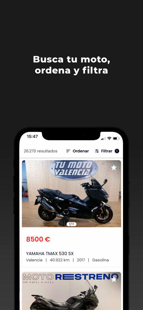 Motos.net - Motos de ocasión - Interfaz de resultados de búsqueda de la aplicación Motos.net mostrando un scooter Yamaha negro con precio y opciones de filtro
