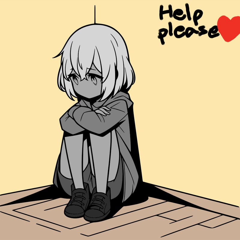 sad anime girl in corner.